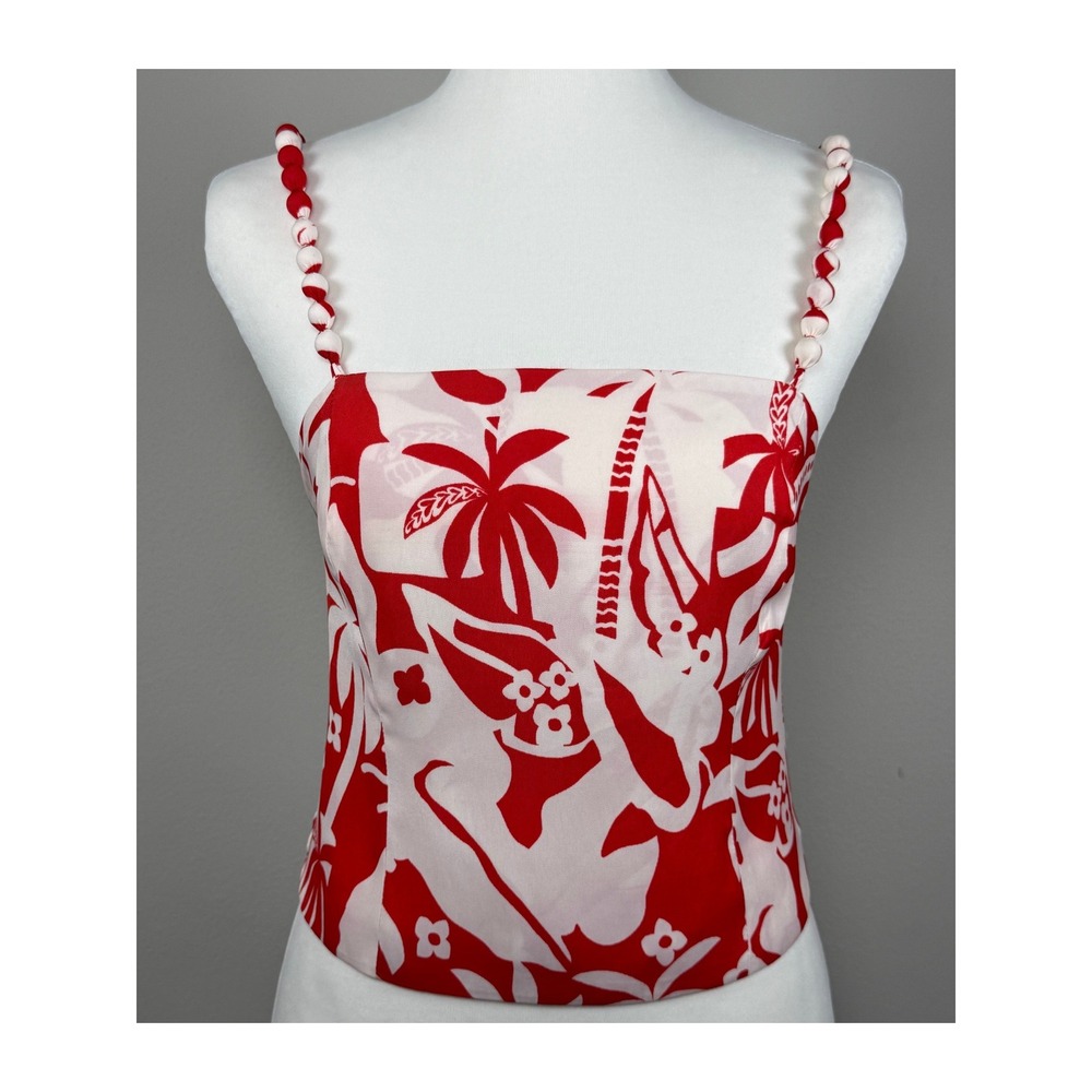 Rose+Olive Resortwear Set Women S Red White Tropical Beaded Cami Wide Leg Pants - Picture 2 of 12